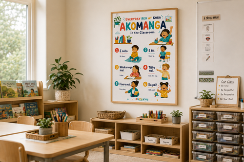 A framed educational classroom poster titled 'Akomanga' hangs on a light beige wall in a bright, modern classroom. The poster features colorful cartoon illustrations of children and English phrases with numbered steps.